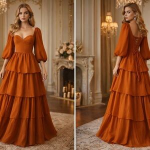 Womens Rust Orange Tiered Maxi Dress Size 9 Lace Up Back Puff Sleeve Boho Cottag